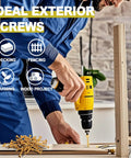 Man using drill with Super Easy 3 Inch Tan Exterior Deck Screws Make Outdoor Projects A Breeze No Pre Drilling Needed Thanks To Self Tapping Aggressive Threads With Epoxy Coating For Rust Resistance Includes T25 Star Bit And 150 Pieces Perfect For Decks Fences And All Your shown on table.