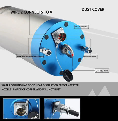 Heavy Duty 3.2Kw Water Cooled Spindle Motor 220V 24000Rpm With Er25 Dynamic Balance Nut 125Mm Diameter back view showing wiring and cooling features.