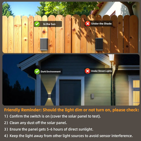 Hella Bright Solar Wall Light Outdoor Featuring Slick Up And Down Lighting Three Adjustable Color Modes Dusk To Dawn Auto Sensor IP67 Top Shelf Weatherproofing For Porch Yard Two Pack on a wooden fence and house