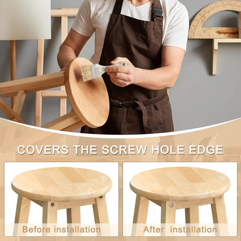 Man using Flat Head Wood Plugs 1 Inch Set With 50 Pieces Wooden Button Screw Plugs For Diy Furniture Tables And Chairs Screw Hole Covers Unfinished Wood You Can Paint Or Stain on chair.