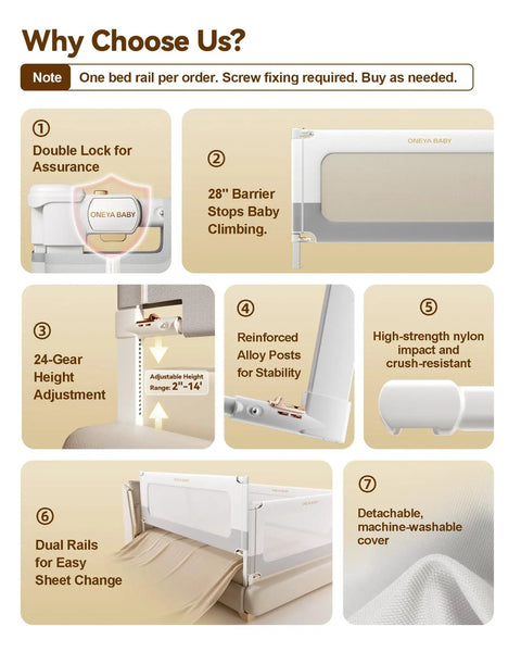 Diagram showing features of 3 Piece King Size Bed Rails No Drill Setup Toddler Guard for Kids, highlighting locks, height adjustment, and material.