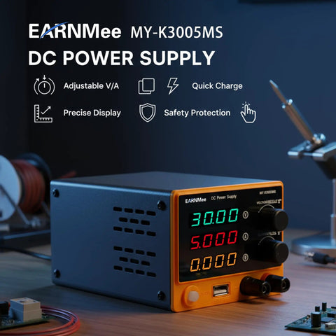 Variable DC Power Supply 30V 5A Benchtop Lab Power Source with 4 Digit Display, USB Outlet and Adjustment Knob on Desk