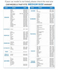 Size chart for Heavy Duty Foldable Windshield Sun Shade indicating fit for medium size vehicles from various makes and models.
