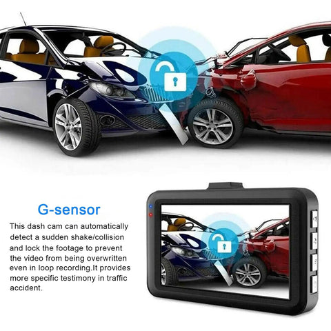 3 Inch 1080P High Definition Dash Cam for Cars With 24 Hour Recording And 170 Degree Wide Angle View Crystal Clear Night Vision G Sensor showing collision detection