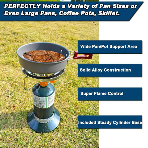 Portable Propane Camp Stove With 10,000 BTU Bottle Top Burner in use with a frying pan, featuring wide support and cylinder base.