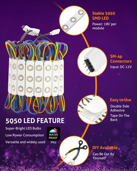 Coiled 50 Foot LED Light Modules for storefronts and signs 100 pack 0.92W three LED SMD RGB waterproof adhesive modules