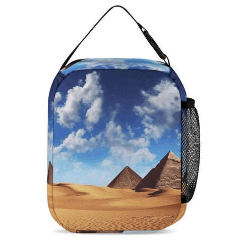 Insulated Reusable Lunch Box With Side Pocket And Detachable Handle For Work, Picnic, Camping; Pyramid design with mesh side pocket visible.