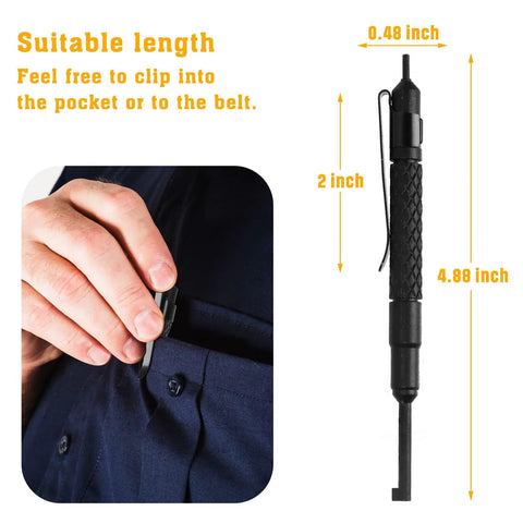 Oversize Tactical Police Pocket Cuff Key With Black Finish clipped to a pocket, showing dimensions and portable design.