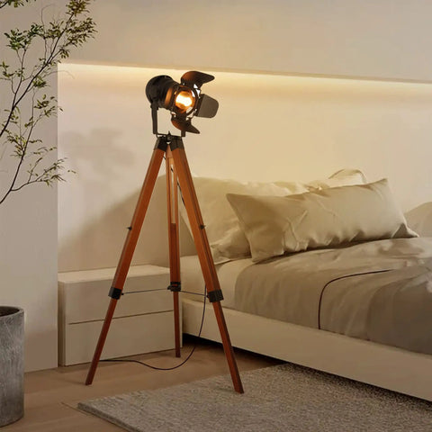 Retro Industrial Tripod Floor Lamp With Black Metal Frame And Natural Wood Legs, Stage Light Style Head Beside Bed