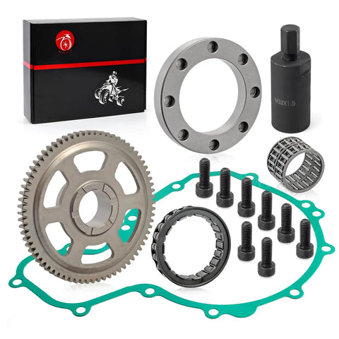Flywheel Puller And Starter Clutch Kit With 72T One Way Bearing Idler Gear And Gasket For Polaris Predator And Outlaw 500 2003 To 2007 Replacement Parts 3088048 3088049 3089451 featuring components like gear and bolts