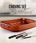 Stainless Steel Roasting Pan With V-Shape Rack And Carving Set 15 By 11.75 Inch Nonstick Roaster Tray with carving tools.