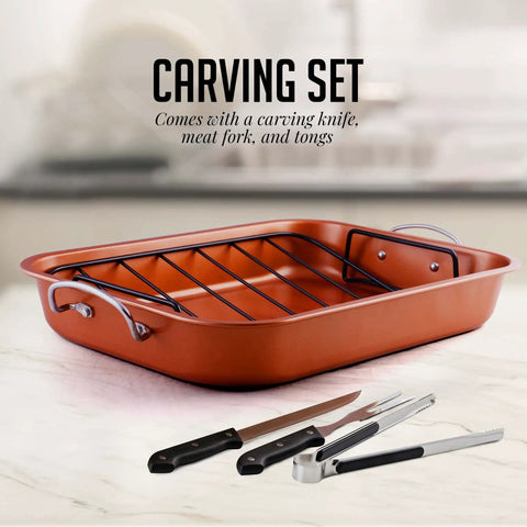 Stainless Steel Roasting Pan With V-Shape Rack And Carving Set 15 By 11.75 Inch Nonstick Roaster Tray with carving tools.
