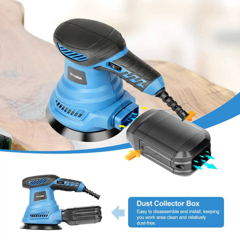 Beefy 4.9 Inch Random Orbital Sander Corded Power Tool with Dust Collector Box for easy cleanup during DIY projects.