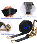 Heavy Duty Ratchet Straps 8000 Lbs Break Strength 2 Inch By 32 Feet Tie Down Straps With Beefy Double J Hooks For Truck Cargo Black