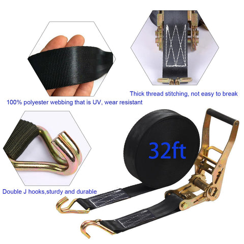 Heavy Duty Ratchet Straps 8000 Lbs Break Strength 2 Inch By 32 Feet Tie Down Straps With Beefy Double J Hooks For Truck Cargo Black