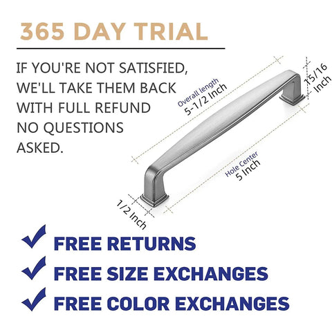 30 Pack Solid Five Inch Cabinet Handles For Kitchen Cabinets Drawers And Drawer Pulls In Brushed Nickel And Satin Nickel Finish Easy Install With Five Inch Center To Center Holes Durable Heavy Duty Metal Pulls For Modern Cabinet Hardware, showing overall dimensions and features.