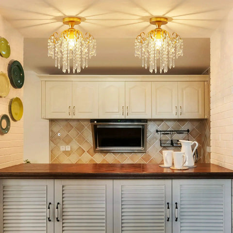 Small Crystal Ceiling Light Fixture Semi Flush Mount Chandelier For Dining Room Hallway Bedroom Bathroom Kitchen Gold Finish