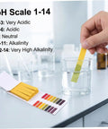 All Purpose Litmus Paper 1-14 Acid Test Strips Kit, Ten Pack in use with glass of water, showcasing pH scale chart on table