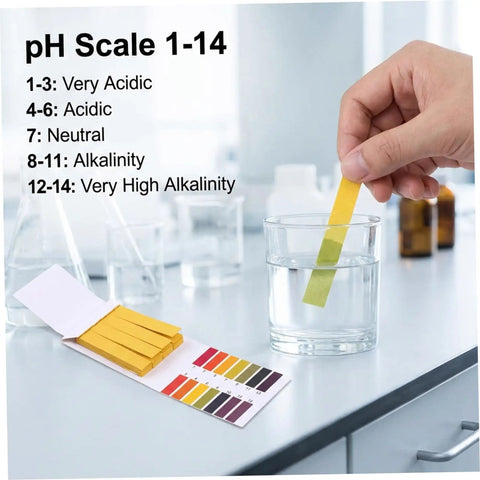 All Purpose Litmus Paper 1-14 Acid Test Strips Kit, Ten Pack in use with glass of water, showcasing pH scale chart on table