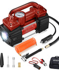 Heavy Duty 12V Portable Tire Inflator And Air Compressor Pump Hella Quick 150 Psi Max Pressure With Bright Led Work Light No Mess Setup for cars, trucks, and motorcycles with accessories.
