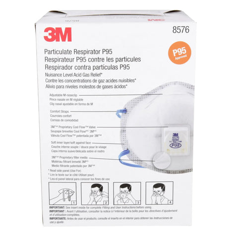Front view of box showing P95 NIOSH Approved Particulate Respirator With Cool Flow Exhalation Valve And Nuisance Acid Gas Relief.