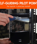Person installing rack mount screws 10 by 32 steel with attached nylon washers in black zinc coated network rack