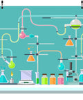7x5ft Science Birthday Backdrop For Mad Scientist Party Decor Kid Friendly Chemistry Lab Theme Photo Booth Prop Polyester Seamless Non Reflective Photography Background Banner For School Classroom featuring colorful lab equipment.