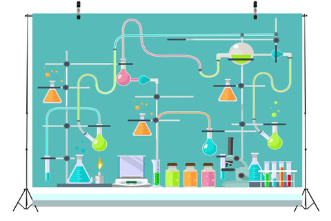 7x5ft Science Birthday Backdrop For Mad Scientist Party Decor Kid Friendly Chemistry Lab Theme Photo Booth Prop Polyester Seamless Non Reflective Photography Background Banner For School Classroom featuring colorful lab equipment.