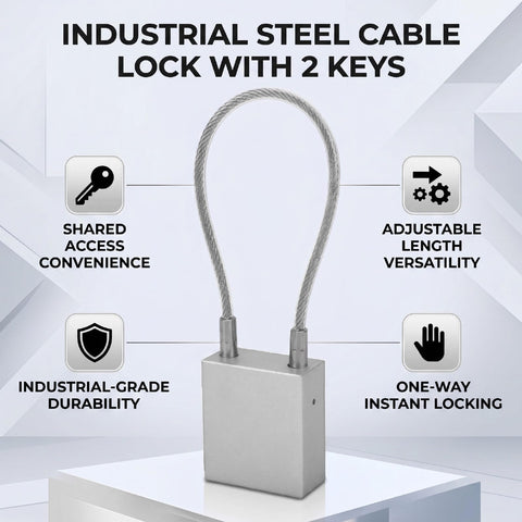 Beefy Heavy Duty 85mm Shackle Lockout Tagout Cable Lock With Aluminum Alloy Housing, shown with PVC coated steel cable