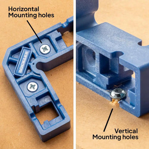 Clamp It Mini Assembly Squares showing horizontal and vertical mounting holes for 90 degree corner clamping in woodworking projects.