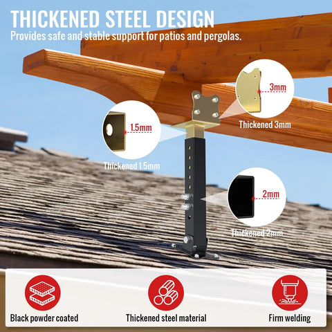 Beefy Heavy Duty Adjustable Roof Riser Brackets Kit For Patio Pergola Saddle Mounts Steel Beams 0 To 90 Degree Angles Height Adjustable 12 To 18 Inches Pergola Roof Beam Mounts Three Pack Black Gold