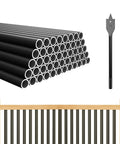 50 Pack 36 Inch Aluminum Deck Balusters Round Black Metal Spindles Top Tier Railing Posts Built Rock Solid With Killer Weather Resistance For Outdoor Porch Staircase Railings 3/4 Inch displayed with a drill bit and wooden railing.