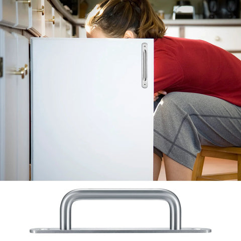Person using 2 Pack Barn Door Handles Set in Stainless Steel on white cabinet, showing sliding door pull handles with mounting plates, 160mm, Silver
