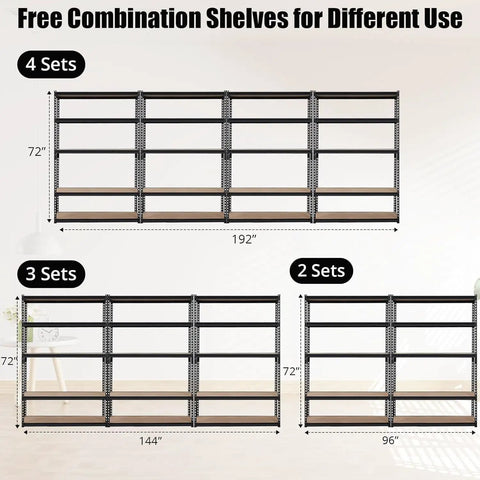 Heavy Duty Five Tier Metal Shelving Unit 48 By 24 By 72 Inches Industrial Storage Rack showing different configurations.