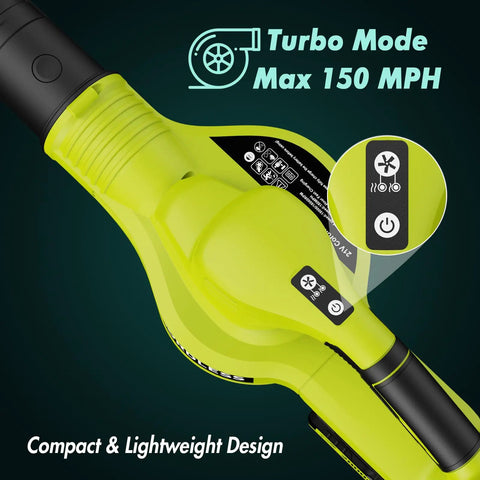 Cordless 21V Leaf Blower With Dual 2.0Ah Batteries And Charger, close-up of controls highlighting turbo mode, 2 speed settings