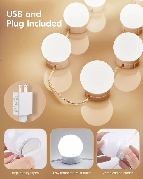 LED Vanity Lights Kit With 10 Dimmable Bulbs For Makeup Table Plug In White with USB plug and adhesive backing shown.