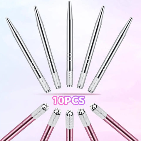10 Pcs Manual Microblading Pens Aluminum Eyebrow Tools Set For Salon Use Pro Grade Lightweight Handheld Microblade Pens In Silver And Pink Durable Grip For Precise Shaping And Fine Detailing, 10-piece silver and pink aluminum pens
