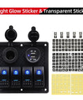 Waterproof Marine Four Gang Rocker Switch Panel with Dual USB Ports Cigarette Lighter and LED Blue Light for Car RV Boat Truck 12V 24V DC Heavy Duty ABS IP68 with icon stickers.