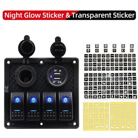 Waterproof Marine Four Gang Rocker Switch Panel with Dual USB Ports Cigarette Lighter and LED Blue Light for Car RV Boat Truck 12V 24V DC Heavy Duty ABS IP68 with icon stickers.