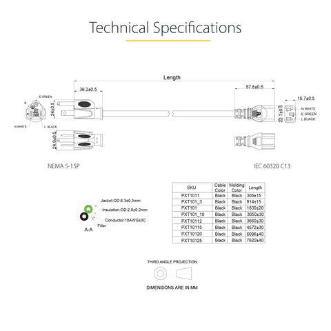 Technical specifications of 10 Ft Computer Power Cord NEMA 5-15P To C13 For Home Office Desktop Setup Printers PC Monitors 18 AWG 125V 10A Black Replacement Cable UL Listed Durable Fully Molded Strain Relief, including dimensions and material details.