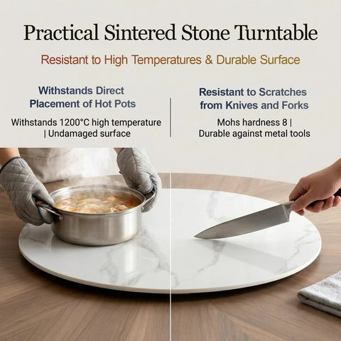 Must-Have 360 Degree Marble Lazy Susan For Tabletop with high temperature and scratch resistance, showing cooking pot and knife