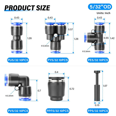 5/32 Inch OD Push To Connect Pneumatic Fittings Kit For Air Lines, 60 Pieces, close-up of individual fitting sizes with measurements