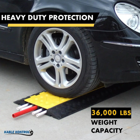 Heavy Duty Cable Protector Ramp 5 Channel 36 Inch Long Black And Yellow Rubber Wire Protector under car tire with cords