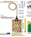 Amp Up Your Space With This Straight Up Badass Boho Pendant Light Featuring A Heavy Duty 16.5 Ft Plug In Swag Cord And Handwoven Rattan Cylinder Shade For Zero Hassle Setup And Chill Room Vibes. Image showing pendant light's dimensions and hanging cord.