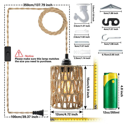 Amp Up Your Space With This Straight Up Badass Boho Pendant Light Featuring A Heavy Duty 16.5 Ft Plug In Swag Cord And Handwoven Rattan Cylinder Shade For Zero Hassle Setup And Chill Room Vibes. Image showing pendant light's dimensions and hanging cord.
