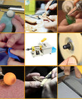Collage of 110V Jewelry Polishing Buffer Bench Lathe And Polisher Machine Kit in use with various materials and accessories.
