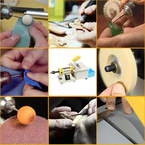 Collage of 110V Jewelry Polishing Buffer Bench Lathe And Polisher Machine Kit in use with various materials and accessories.