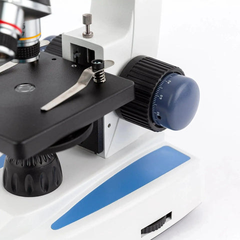 Close-up of base and adjustments of 360 Degree Rotating Monocular Microscope With 40X-1000X Magnification, LED Illumination, And USB 2.0 Digital Camera - Built Tough Metal Frame For Lab, Classroom, And Field Work