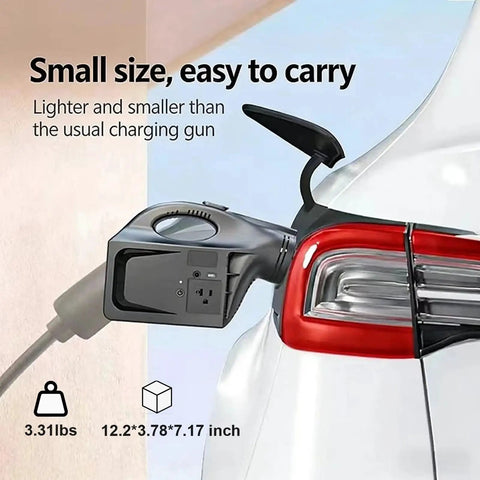 Straight Plug Play 2KW V2L Power Converter Adapter For Nacs Port attached to Subaru Solterra, showing compact size and design.