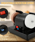 Close-up of Grab And Go Cordless Mini Bench Grinder With Variable Speed Control Up To Seven Thousand RPM Dual Grinding Wheels.
